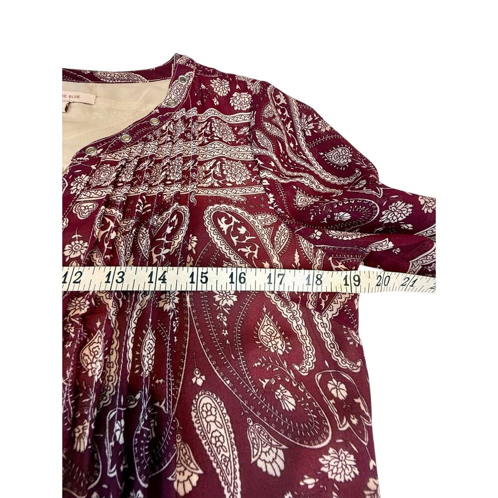 Skies Are Blue Maroon Tan Paisley Tunic Top Pleated V Neckline Grommet Accent - Picture 13 of 16